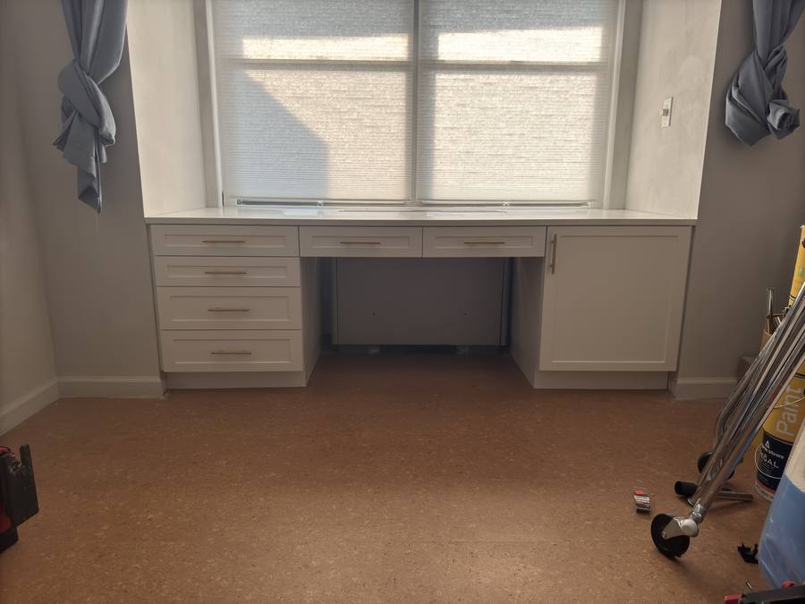 Built-in desk with drawer bank — custom millwork by The Don of All Trades